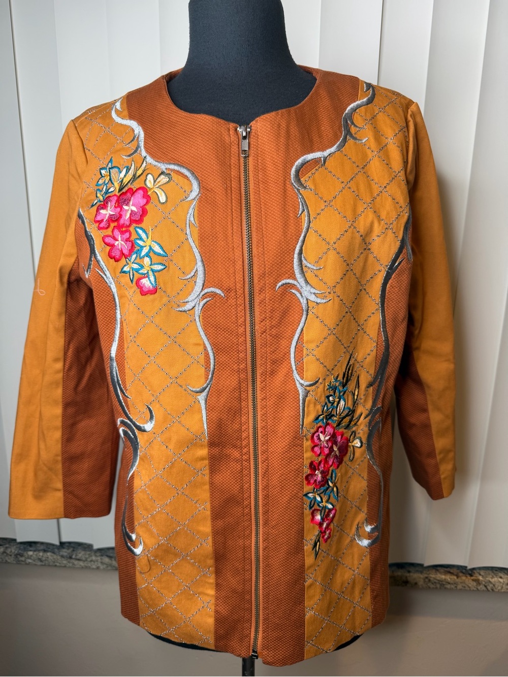 Sharif Couture Blazer Jacket in camel with floral embroidery Size Large